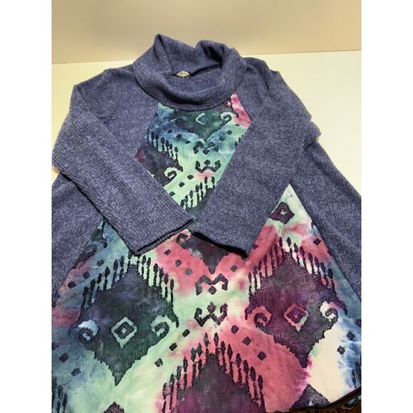 Cal Style Blue Purple Mix Media Print Cowl Neck Tunic Sweater Sz Large Boho - Picture 4 of 8